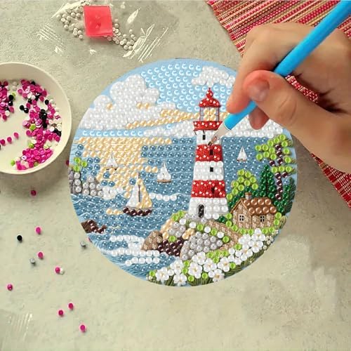 Clendo 8 Pcs Beach and Lighthouse Diamond Art Coasters Kits with Holder, Coast Diamond Painting Coasters Kits for Adults, DIY 5D Small Mini Diamonds Dots Kit Full Drill Art Craft Supplies 4X4 Inch - Image 6