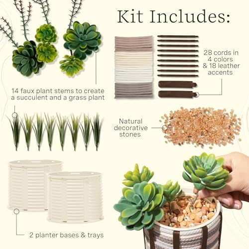 Lifelines FlowCrafts, Cord-Wrapped Planters - Create 2 Unique Planters with Cords in Multi-Colors, Leather Accents, Faux Plant Stems & Decorative Stones - Sensory Arts & Crafts Kit for Teens & Adults - Image 3