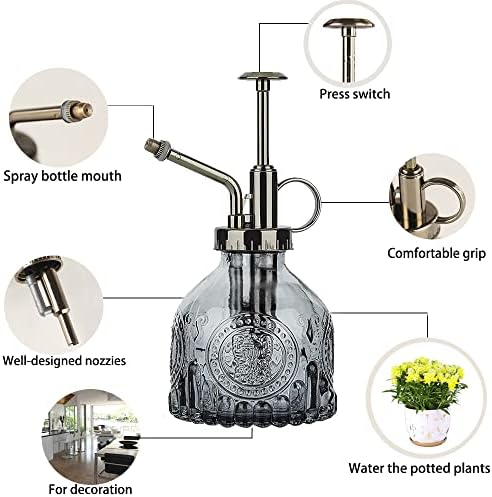 Glass Plant Mister Spray Bottle Indoor Watering Can 6.4inch Tall with Bronze Plastic Top Pump Vintage Small Plant for Outdoor Garden Succulent Flower (Gray) - Image 3