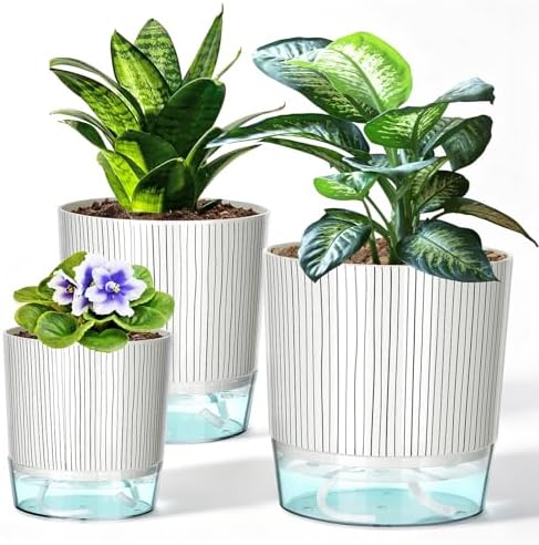 Self Watering Planters Set of 3, 4/5.5/6.3 Inch Plastic Indoor Flower Pot by Samhe