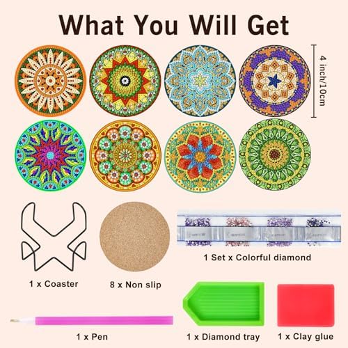Diamond Art Coasters Kit for Adults, 8PCS Mandala Coasters with Holder - Image 3