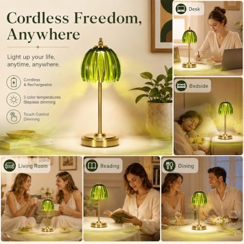 NewAoNaSen Glass Tulip Table Lamp, Cordless Rechargeable Table Light -Green - Image 4