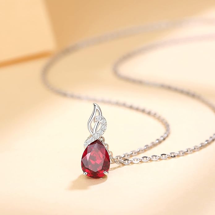 FANCIME 14K Solid White Gold Teardrop Pendant with Diamond Birthstone Necklace