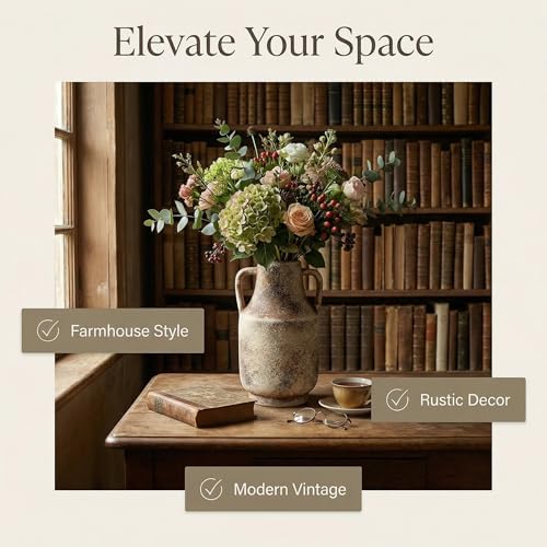 Farmhouse Vase with Handles, 11 Inch Large Terracotta Pot, Rustic Ceramic Floor Vase for Dried Branches & Florals, Neutral Centerpiece for Living Room, Entryway, Coffee Shop DecorG - Image 4