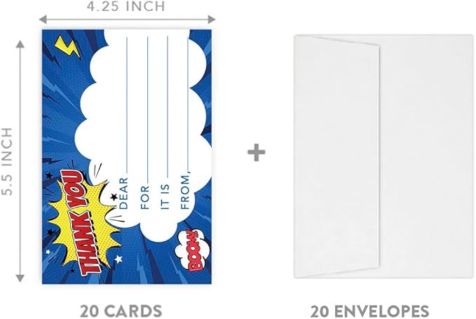 Andaz Press Kids Fill in the Blank Thank You Cards 20 Cards Including Envelopes Superhero Comic Theme Gender Neutral Note Cards For Boys Girls Birthday Thank You Notes for Friends Family Party Guests
