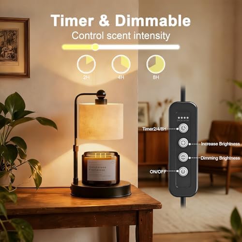 Candle Warmer lamp for 3 Wick Candles, Large Candle Warmer Lamp with Timer, Dimmable, Adjustable Height, Modern Farmhouse Linen Shade, Black Candle Warming Lamp, 2 Bulbs Included - Image 2