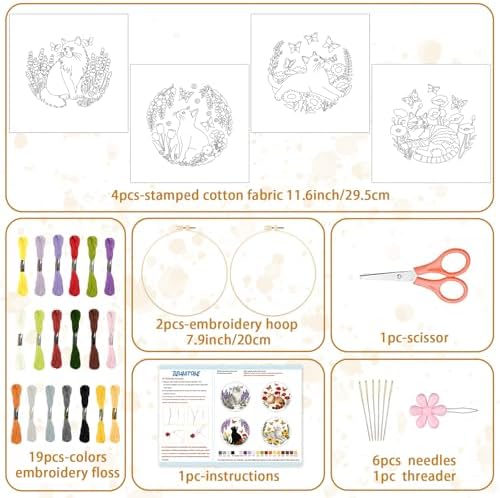 BEUNITONE 4 Set Embroidery Kit for Beginners, Cat and Butterfly Pre-Stamped Pattern Needlepoint Kits for Adults with Hoop and Instruction, Cute Hand Embroidery Patterns for Cloth and Home Decor - Image 2