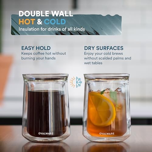 ovalware Double Wall Single Lip Insulated Glass Cup, Set of 4 (12oz / 350ml) - Borosilicate Glass For Coffee, Tea, Whiskey, Cocktails & All Beverages - Minimalistic & Durable Double-Wall Drinking Mug - Image 5