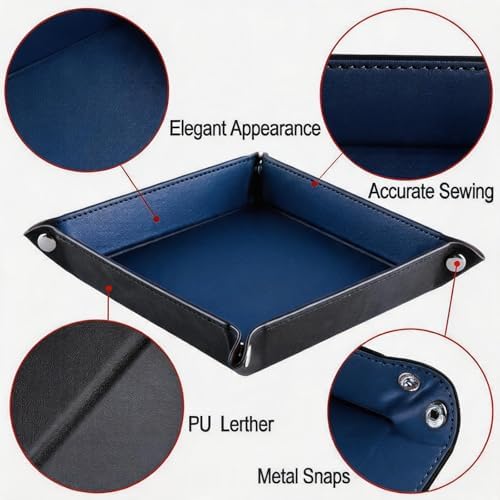 Valet Tray Desktop Storage Organizer – Vegan Leather Catchall Tray Bedside Vanity Tray Nightstand Caddy Holder for Remote Controller, Watch, Keys, Phone, Wallet, Coin, Jewelry, Navy - Image 5