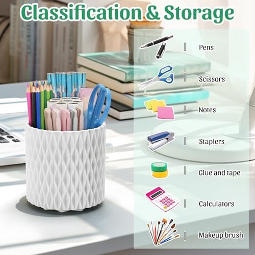 minimaliving Desk Organizer,Stylish Rhombus Pen Holder for Desk 360°Rotating Office Desk Accessories,Pencil Cup with 5 Compartments Storage Box Caddy for Office,School,Home,Art Supply(White) - Image 4