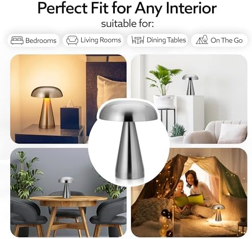 Brushed Silver Mushroom Table Lamp, Cordless Rechargeable LED Metal Lamp, Tap Touch 3-Color Modes Changing Light, Small Portable Accent Lamp for House, Restaurant, Hotel, Bars, Travel, Emergencies - Image 2