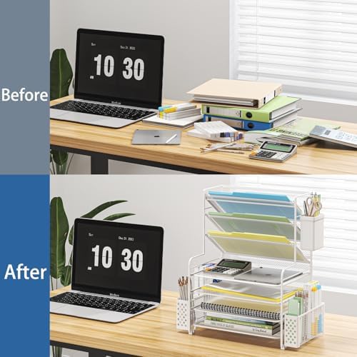 Simple Trending 7 Tier Desk File Organizer, Letter Tray Paper Organizer with Pen Holder and Metal Hanging Basket, White - Image 5