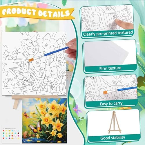 Tenceur 12 Sets Pre Drawn Canvas to Paint Adult Stretched Coloring Painting Canvas Panels with Design Easel and Brushes for Party Supplies Beginner Favor(Garden) - Image 3