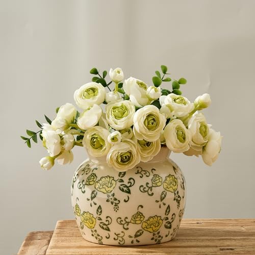 SIDUCAL Ceramic Yellow Rose Floral Vase with Wide Mouth Lace, 4.84 Inch Cracked Chinoiserie Rustic Farmhouse Vases, Pastoral Retro Vase for Home Decor, Table, Living Room, Bathroom, Shelf, Wedding by SIDUCAL