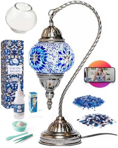 KRAFTSTORIES Turkish Mosaic Swan Neck Lamp Making Kit| DIY Colorful Glass Decorative Nightstand Table Light| Craft Kit |Make Your Own Lamp | Living Room Bedroom | Antique Bronze Base (Blue) by Kraftstories