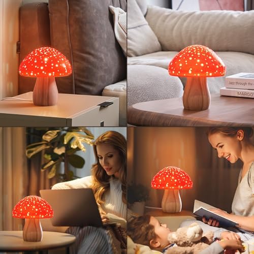 BOHON Mushroom Lamp Ceramic Bedside Table Lamp, Red - Image 6