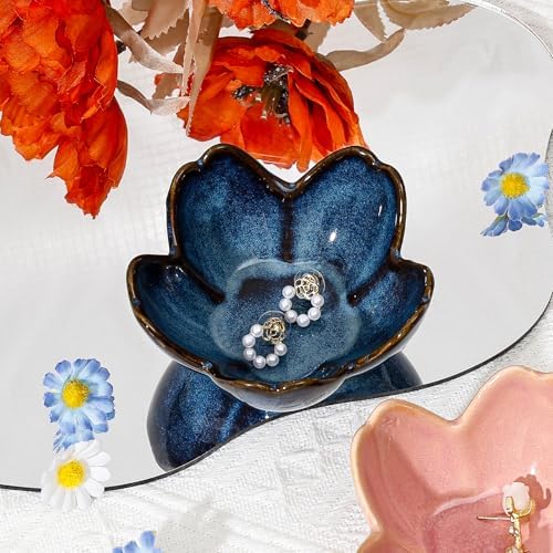 Koythin Flower Trinket Dish, Ceramic Jewelry Ring Holder Dish & Trinket Bowl, Small Decorative Plate Tray, Jewelry Plate Bowl for Rings, Keys, Earrings, Birthday Gifts, Bedroom Decor for Women (Blue) - Image 5