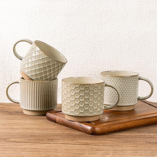 GBhome 15 OZ Stackable Coffee Mugs Set of 4, Ceramic Coffee Cups Set by GBhome