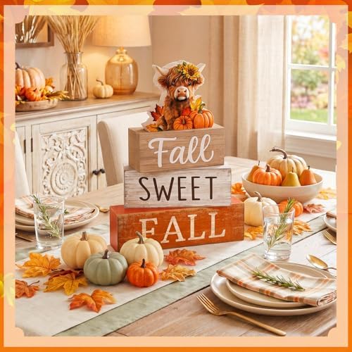 Moucuny 4 Pcs Highland Cow Fall Table Decorations, Sweet Fall Pumpkin Signs - Image 3