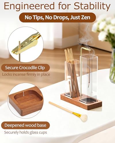 2 in 1 Incense Holder with Glass Jars, Large Incense Holder for Sticks, Upside Down Incense Burner with Ash Catcher & Storage for Meditation Yoga Spa Home Decor - 20 Incense Sticks & Brush - Image 5