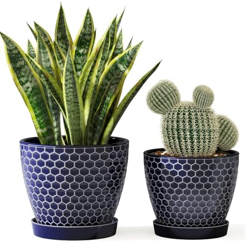 Docrin Blue Honeycomb Ceramic Plant Pot Set - 6.6"+5.5" Inch, Modern Decorative Planters with Drainage Holes & Saucers for Indoor/Outdoor Home Office by DOCRIN