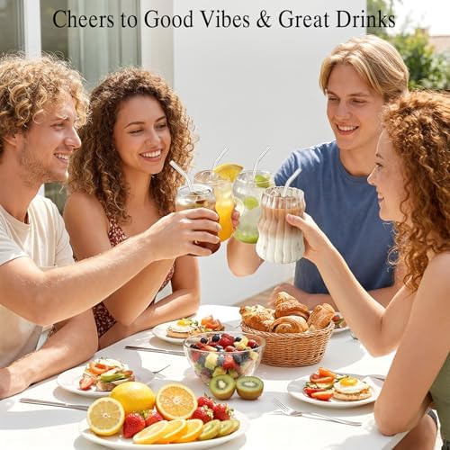 8 Pcs Ribbed Glass Cups 18 oz Vintage Aesthetic Iced Coffee Glasses with Glass Straws Bubble Cup Wavy Textured Drinking Glassware for Beverage Tea Juice Cocktails - Image 3