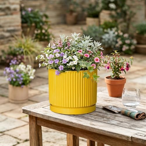 Ceramic Planter 8 Inch, Round Flower Pots with Saucer, Yellow - Image 4