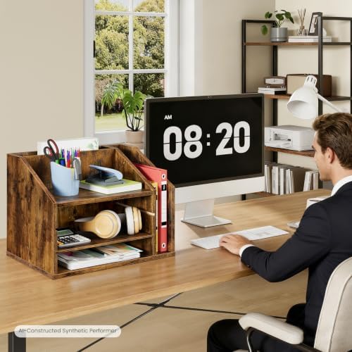 CHOEZON Wooden Desk Organizer with Adjustable Partitions, Multi-Layer Desktop File Holder for Home Office, Paper & Stationery Storage Organizer, Rustic Brown MWJ04FG - Image 2
