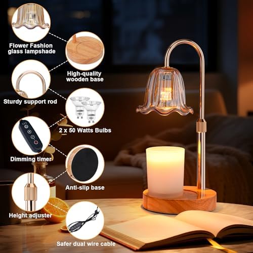 Candle Warmer Lamp Electric Timer: Dimmable Candles Warming Lamps - Height Adjustable Burner Jar - No Flame Scented Melts Wax - All Candle Jars Home Decor Table Light - Image 2