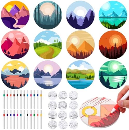 Potchen 12 Pcs Color Your Own Coaster DIY Kits,Minimalist Landscape by Potchen