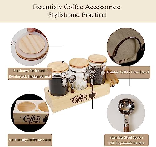 Glass Coffee Canister Set with Shelf & Spoons - 3 Piece Airtight Seal Coffee Bean Storage Containers & Filter Holder for Kitchen Organization - Image 4