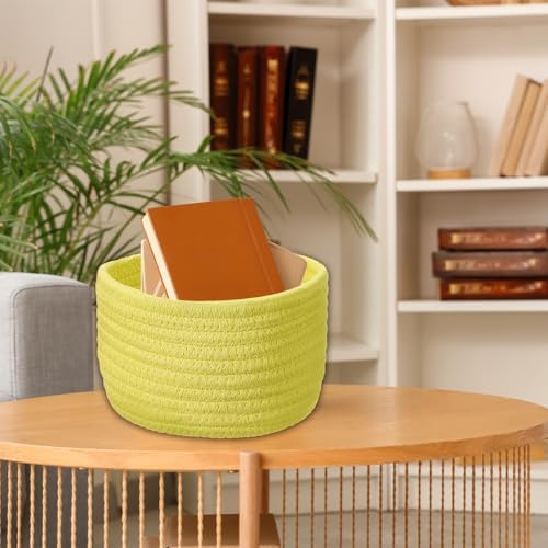 uxcell Yellow Small Cotton Rope Woven Storage Basket, Shelf Closet Storage Gift Woven Baskets Cute Nursery Box Bin Decor Organization Bin for Home Supply, Round, 6.3x4.4 - Image 7