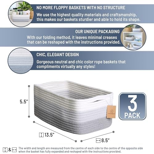 NaturalCozy 13.5”x8.5”x5.5” Rectangle Storage Baskets for Shelves 3 Pack | Cotton Rope Woven Small Baskets for Organizing | Small Storage Bins for Nursery, Bathroom, Closet, Shelf, Decorative - Image 2