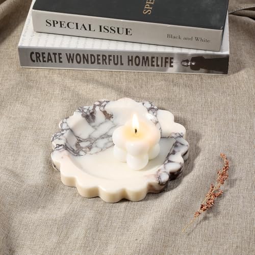 Koville 5.51" Scalloped Calacatta Viola Marble Tray, Round Stone Jewelry Trinket Dish for Ring, Natural Small Marble Tray for Bathroom Kitchen Dresser Countertop, Decorative Candle Tray - Image 7