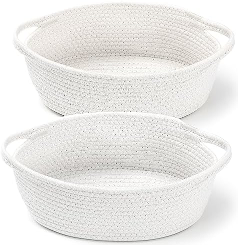 2 Pack Small Woven Basket with Gift Bags and Ribbons, Empty Decorative Gift Chest Box, Cute Baby Gift Basket for Nursery, Cotton Rope Room Shelf Storage Basket with Handles, All 12"x 8"x 5",White by MakeLifeBetterEasier