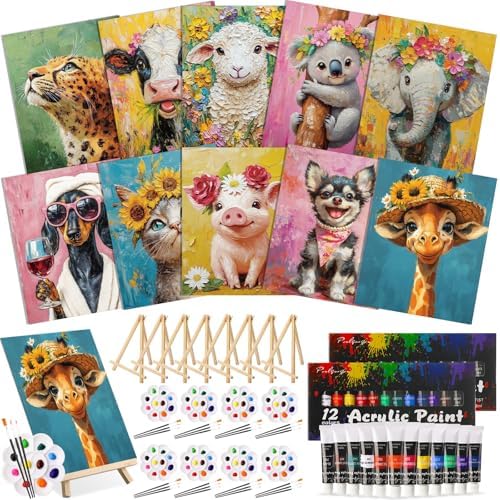 Ctosree 72 Pcs Flower Animal Paint and Sip Kit for Adults 8'' x 10'' Pre Drawn Canvas for Painting DIY Pre Printed Canvas for Party Favor Acrylic Painting Kit Wood Easel Brushes Date Night Bulk by Ctosree