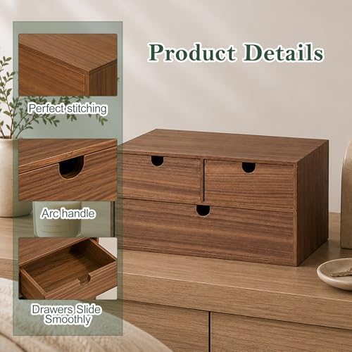 2-Tier Wooden Desk Organizer with 3 Drawers, Walnut Finish - Image 4