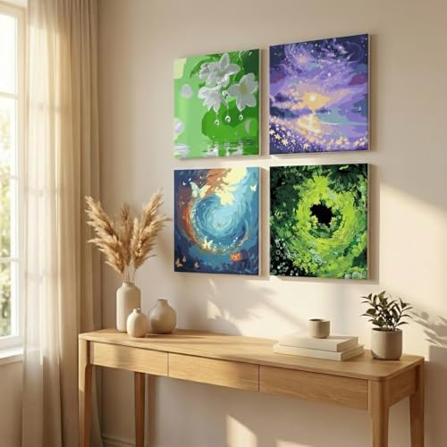 YONEYO 4 Pack Framed Paint by Numbers for Adults, Magical Forest & Starry Night Landscape Acrylic Canvas Painting with Easels, Fantasy Nature Scenery Wall Art Decor, 8x8 Inch - Image 5