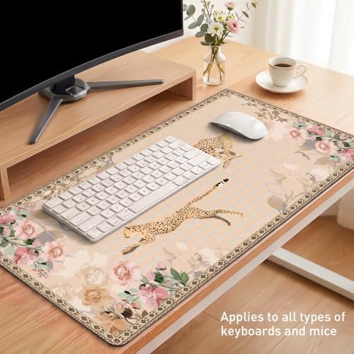 Cheetah Desk Mat, Tan Floral Vintage Rug XXL Mouse Pad 35.4x15.7in - Image 7