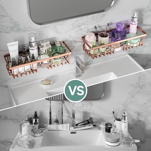 Veken Shower Caddy 6-Pack, No Drilling & Rustproof, Waterproof Adhesive Shelves Rack with Soap Holder, Large Capacity Bathroom Organizers and Storage, Wall-Mounted Kitchen & Home Decor, Rose Gold - Image 5