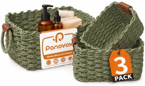 Small Wicker Baskets, 3 PCS Paper Rope Baskets for Shelves, Green by Panovox
