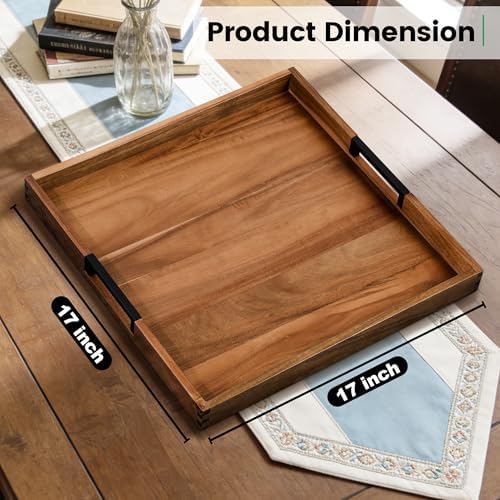 Large Ottoman Tray for Living Room and Coffee Table, Decorative Acacia Wood Serving Tray with Metal Handles for Breakfast in Bed, Dinner Food Kitchen TV (Natural, 17" x 17" x 2") - Image 3