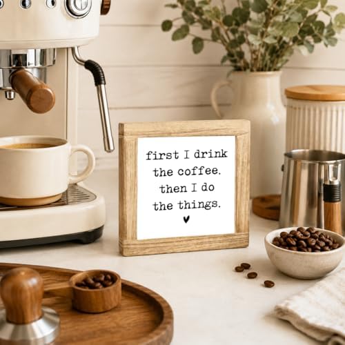 Funny Coffee Sign For Kitchen, Coffee Lover Wooden Block Decor, Farmhouse Counter Display Accent, Cute Coffees Saying Shelf Sitter For Breakfast Nook Cafe Area Home Office, 5.9 x 5.9 in - Image 4