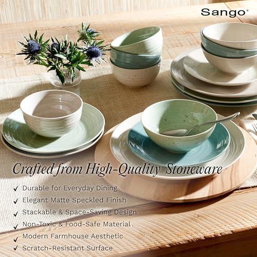 Sango Siterra Artist's Blend 16-Piece Stoneware Dinnerware Set for 4, Green, Cream & White Glossy Dishes with Speckles, Ceramic Plates and Bowls Sets for Everyday Dining, Microwave & Dishwasher Safe - Image 3