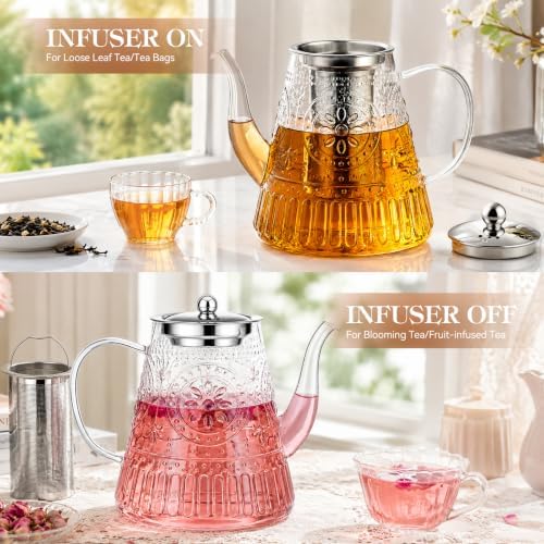 1500ml/52oz Large Glass Teapot, Zpose Vintage Tea Pot with Infuser for Loose Tea, Stovetop Glass Tea Kettle with strainer for 6-7 Cups - Image 4
