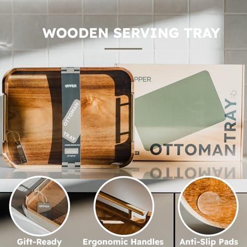 Acacia Wood Ottoman Tray with Handles, 17x13 Inch Rectangle Serving Tray for Coffee Table, Living Room & Breakfast, Decorative Wooden Ottoman Tray with Anti-Skid Pads (Gold Handle 01) - Image 2