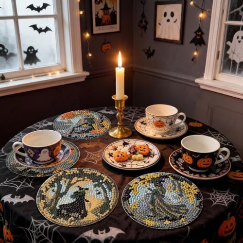LWZAYS 8 Pcs Halloween Diamond Art Coasters Kit - DIY 5D Small Diamond Painting Coasters with Holder, Diamond Art Kits for Adults Coasters, Arts and Crafts for Adults - Image 3