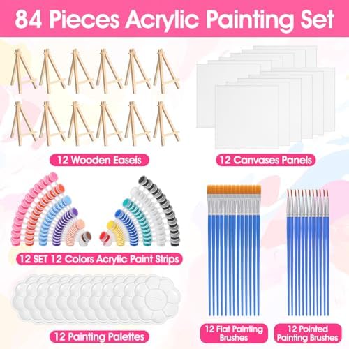 12 Sets Canvas Painting Kit, Canvas and Easel Set Bulk, Mini Canvas Panels and Easel Painting Kit, 12 Colors Acrylic Paint Strips, 24 Brushes, 12 Palettes for Beginners Adults Kids Party Favors - Image 2