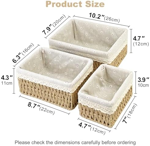 Wicker Storage Baskets 3-Pack Set, Hand-Woven Paper Rope Rattan Bins with Removable Liner, Multi-Size Organizer Baskets for Pantry, Countertop, Bedroom, Bathroom, Shelves (Beige, L+M+S) - Image 2