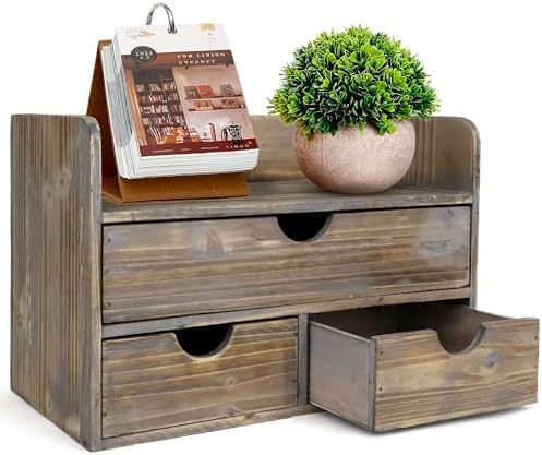 Besti Wooden Office Desk Organizer - Organizing Tool for Desktop, Cubicle, Bedroom, Kitchen - Vintage Style Organization Caddy with Top Tray Shelf & 3 Drawers - 13.6x9x7 Inches (Rustic) by Besti
